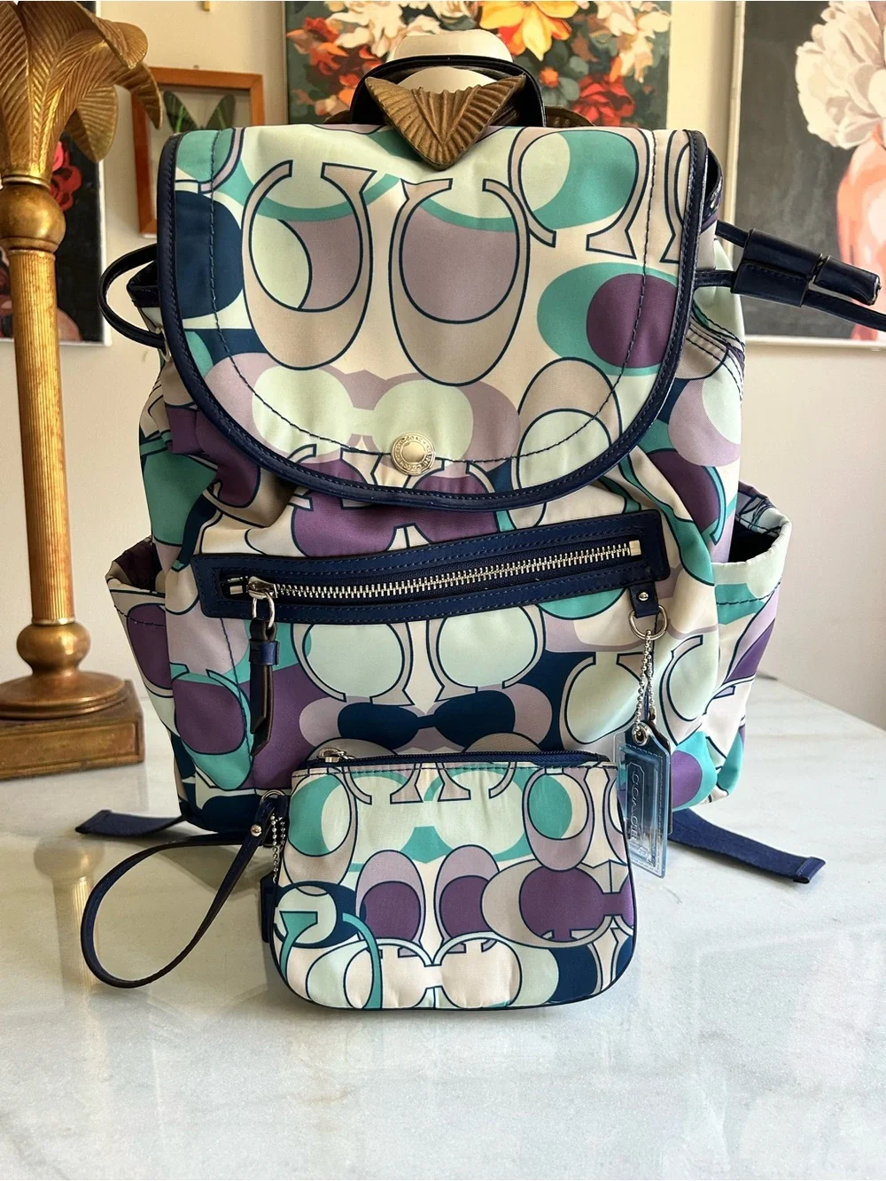 Coach Kyra Scarf Print Nylon Backpack + Matching Wristlet F19279